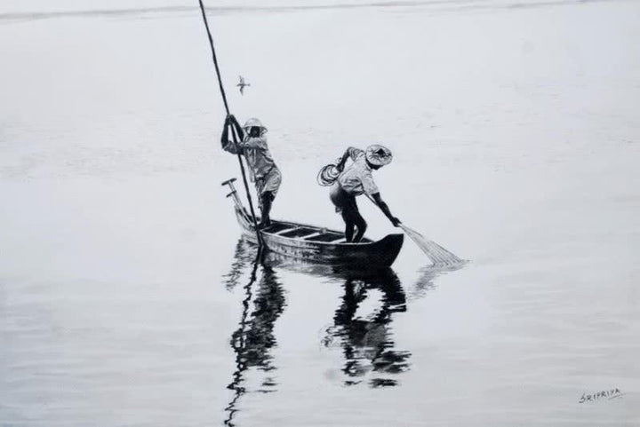 Landscape charcoal painting titled 'Two Men In A Boat', 24x16 inches, by artist Sripriya Mozumdar on Paper