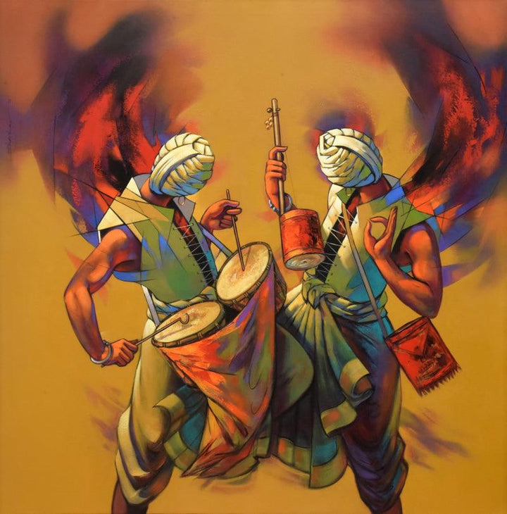 Figurative acrylic painting titled 'Two Musicians', 60x60 inches, by artist Shankar Gojare on Canvas