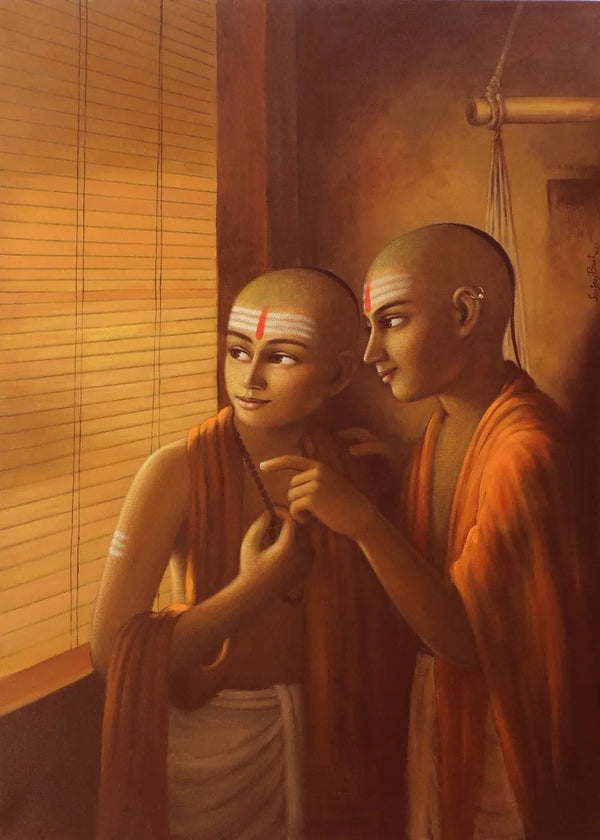 Religious acrylic painting titled 'Two Pandits', 42x30 inch, by artist Sanjay Raut on Canvas