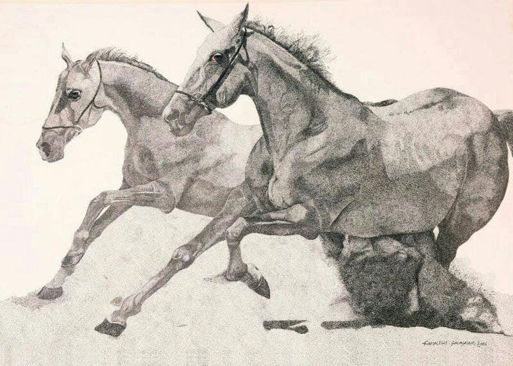 Animals ink drawing titled 'Two Running Horses', 28x36 inches, by artist Kamalesh Salaskar on Paper