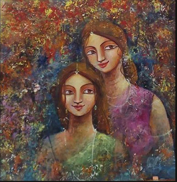 Figurative acrylic painting titled 'Two Sisters', 24x24 inches, by artist Indrani Acharya on Canvas