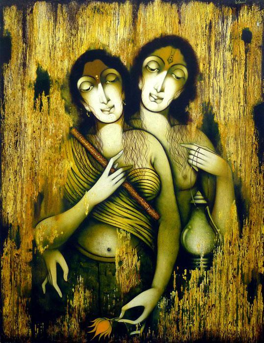 Figurative acrylic painting titled 'Two Women', 40x30 inches, by artist Manoj Aher on Canvas