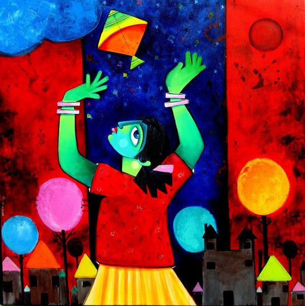 Figurative acrylic painting titled 'Udaan', 36x36 inches, by artist Sharmi Dey on Canvas