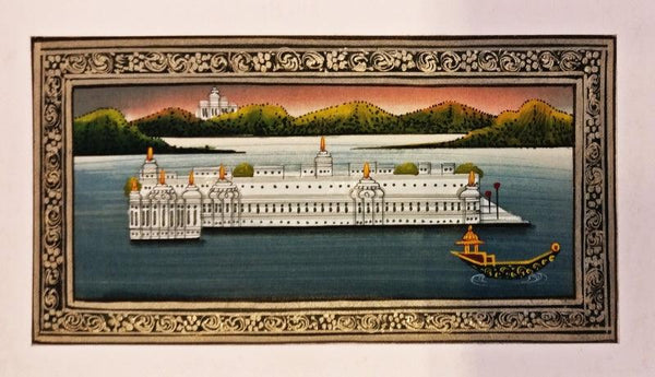 Folk Art watercolor painting titled 'Udaipur lake palace Miniature', 4x6 inches, by artist Unknown on silk