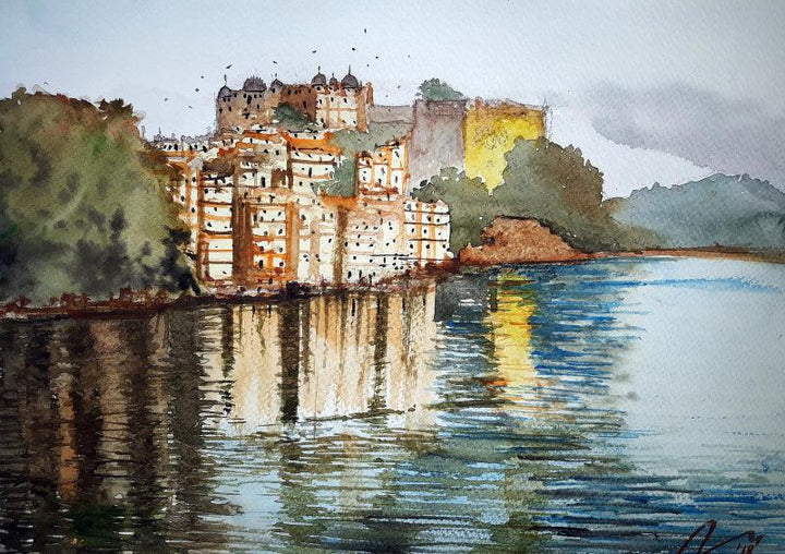 Cityscape watercolor painting titled 'Udaipur Palace', 8x11 inches, by artist Arunava Ray on Paper