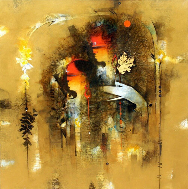 Figurative mixed media painting titled 'Uma Pati', 36x36 inches, by artist Amol Pawar on canvas