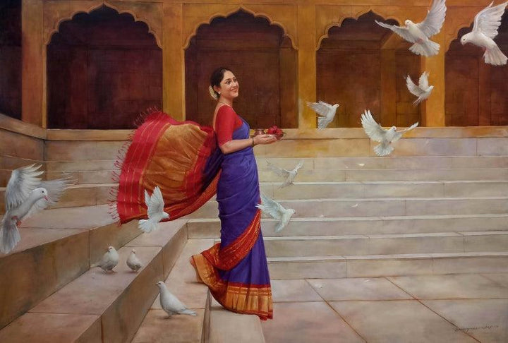 Figurative oil painting titled 'Umang', 48x72 inches, by artist Ramesh Nanware on Canvas