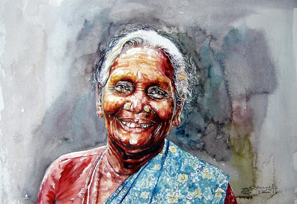 Figurative watercolor painting titled 'Un Bounded Smile Of Joy', 22x15 inches, by artist SRV ARTIST on Handmade Paper