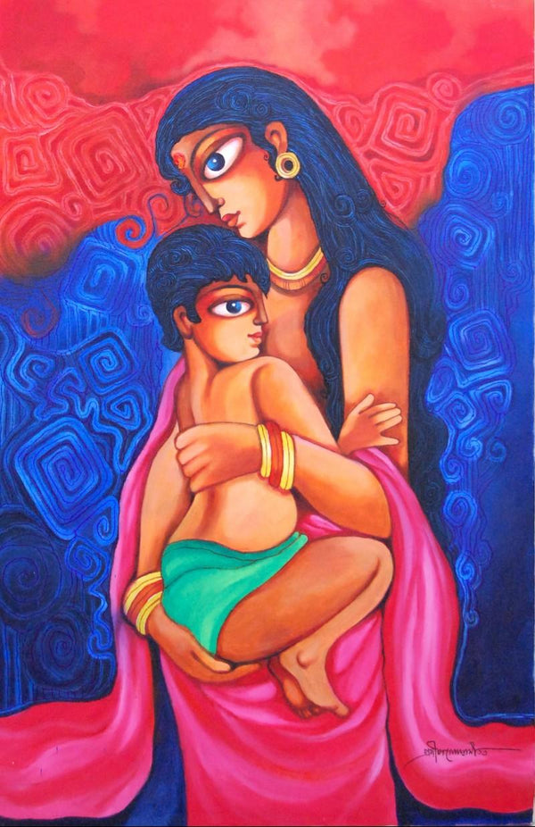 Figurative acrylic painting titled 'Unconditional Love', 24x36 inches, by artist Pradip Goswami on Canvas