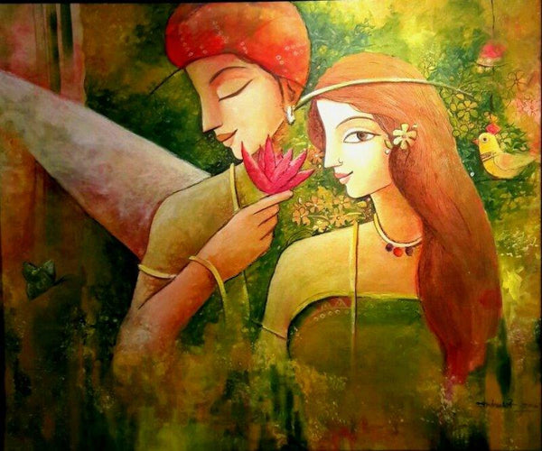 Figurative mixed media painting titled 'Unconventional Love', 30x36 inches, by artist Indrani Acharya on Canvas