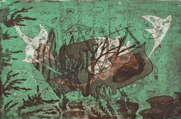 contemporary printmaking titled 'Under Sea The Shipwieck With Ray Fish', 10x14 inches, by artist Bitarka Majumder on Acid Free Paper