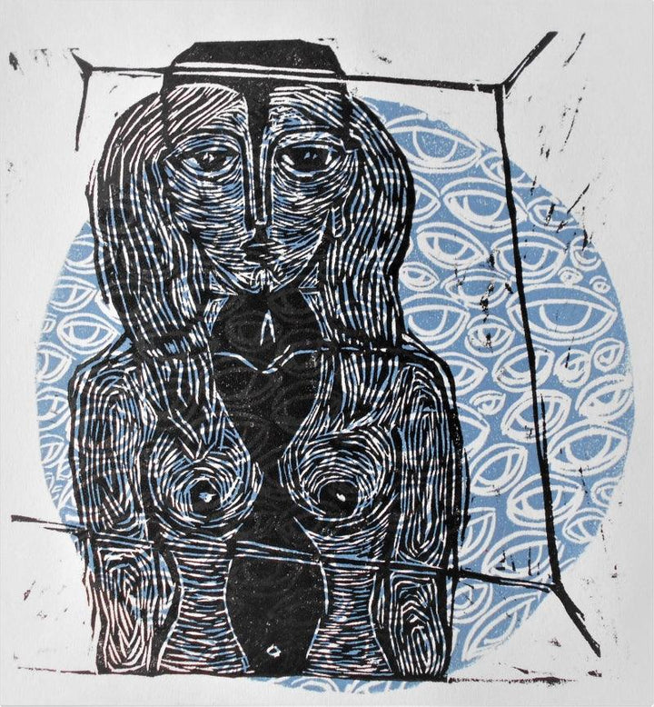 Figurative printmaking titled 'Under Social Observation', 8x8 inches, by artist Priya Bambal on Paper