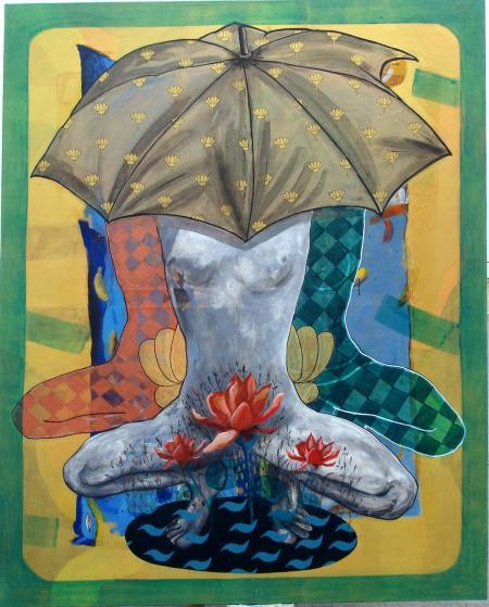 Figurative acrylic painting titled 'Under The Shadow', 48x60 inches, by artist Deepak Kumar Ambuj on Canvas