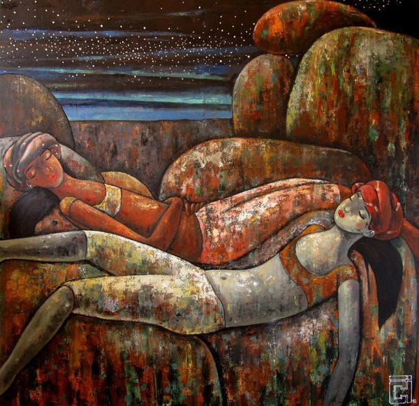 Figurative acrylic painting titled 'Under The Starlight', 48x48 inches, by artist Suruchi Jamkar on Canvas