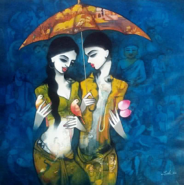 Figurative acrylic painting titled 'Under the Umbrella', 48x48 inches, by artist Mukesh Salvi on Canvas