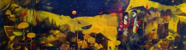 Figurative acrylic painting titled 'Underneath the Stars', 12x48 inches, by artist Mukesh Salvi on Canvas