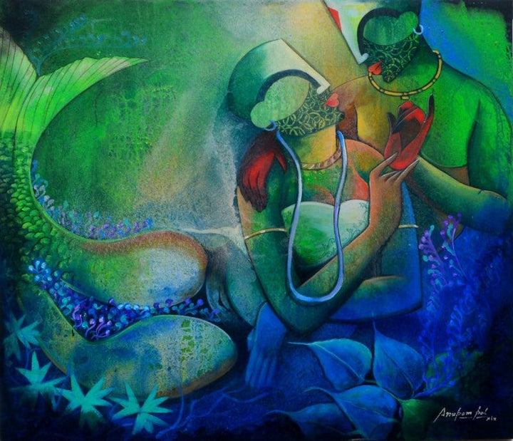 contemporary mixed media painting titled 'Underwater Romance 3', 36x42 inches, by artist Anupam Pal on Canvas