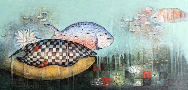 Animals acrylic painting titled 'Underwater World 2', 18x36 inches, by artist Pooja Shelke on Canvas