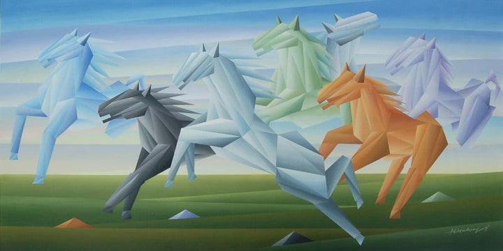 Cubist acrylic painting titled 'Unit of Horses', 30x60 inches, by artist NIRAKAR CHOWDHURY on Canvas