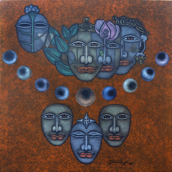 Figurative mixed-media painting titled 'Universal Fragrance 3', 36x36 inch, by artist M Raja on Canvas