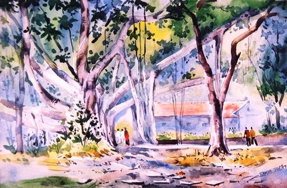 Landscape watercolor painting titled 'University Of Pune', 15x22 inches, by artist Ramdas Thorat on Paper