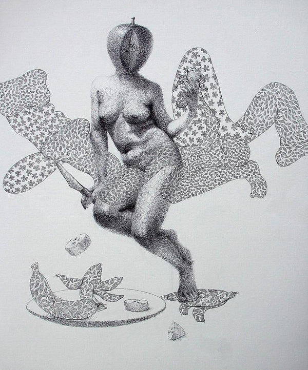 Nude pen drawing titled 'Unkilled Desire 7', 26x20 inches, by artist Mansi Sagar on Paper