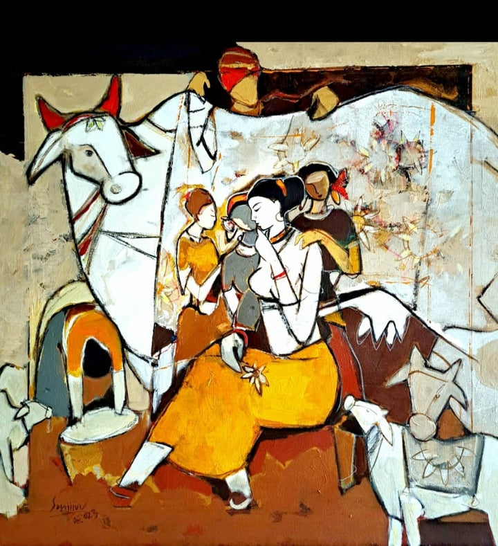 Figurative acrylic painting titled 'Untitled 1', 36x36 inch, by artist Sanjiv Sankpal on Canvas