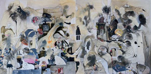 contemporary mixed media painting titled 'Untitled 1 (Diptych)', 36x72 inches, by artist Susmita Chowdhury on Canvas