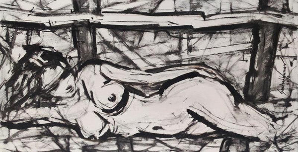 Nude oil painting titled 'Untitled 100', 15x30 inches, by artist Santoshkumar Patil on Canvas