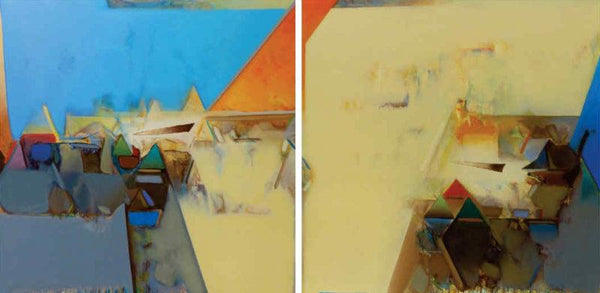 Abstract acrylic painting titled 'Untitled 176 (Diptych)', 48x96 inches, by artist Shrikant Kadam on Canvas