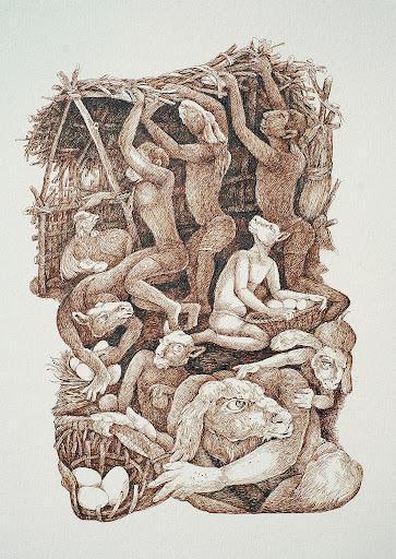 contemporary pen ink drawing titled 'Untitled 2 (Burnt Seinna)', 11x8 inches, by artist Gouri Vemula on Paper