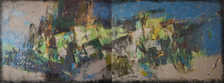 Abstract mixed media painting titled 'Untitled 53 (Diptych)', 36x96 inches, by artist Anuja Paturkar on Canvas