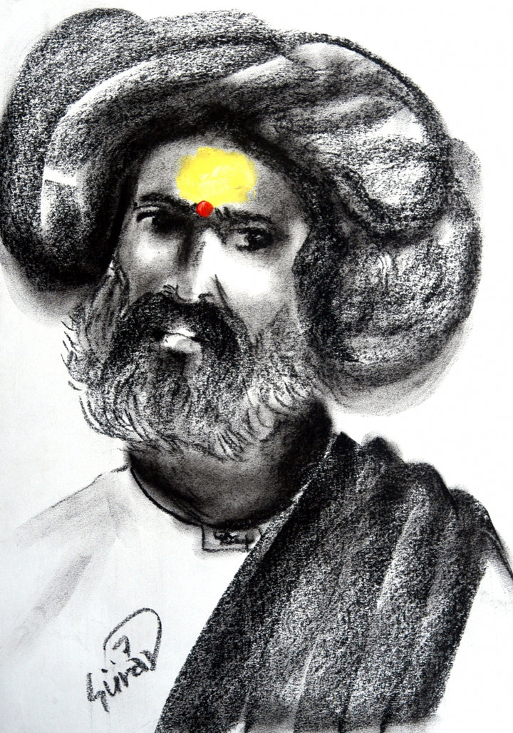 Portrait charcoal painting titled 'Untitled 8', 20x16 inch, by artist Raosaheb Gurav on Paper