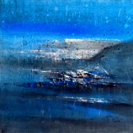 Abstract acrylic painting titled 'Untitled Blue 17', 24x24 inches, by artist Dnyaneshwar Dhavale on canvas