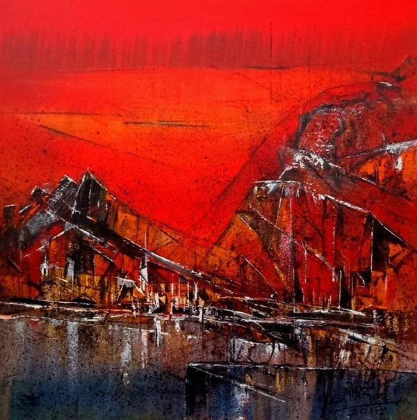 Abstract acrylic painting titled 'Untitled Red 13', 24x24 inches, by artist Dnyaneshwar Dhavale on Canvas