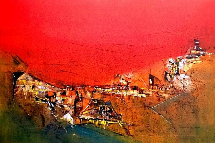 Abstract acrylic painting titled 'Untitled Red 14', 24x36 inches, by artist Dnyaneshwar Dhavale on Canvas