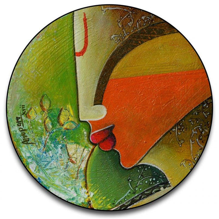 Figurative acrylic painting titled 'Untitled round', 9x9 inches, by artist Anupam Pal on canvas