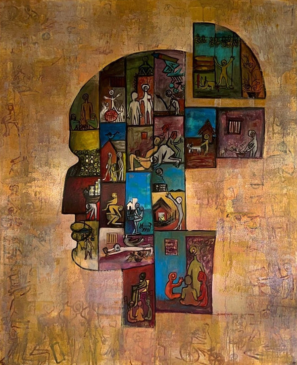 contemporary acrylic painting titled 'Untold Stories 1', 60x48 inch, by artist Arundhati Pise on Canvas