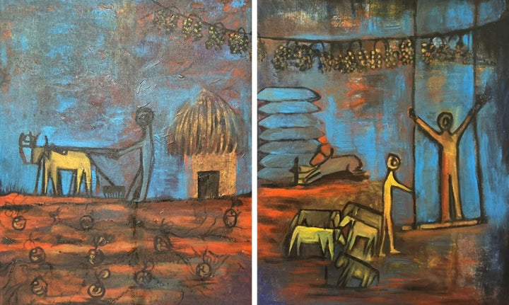 Figurative acrylic painting titled 'Untold Stories 2 (Diptych)', 30x48 inch, by artist Arundhati Pise on Canvas