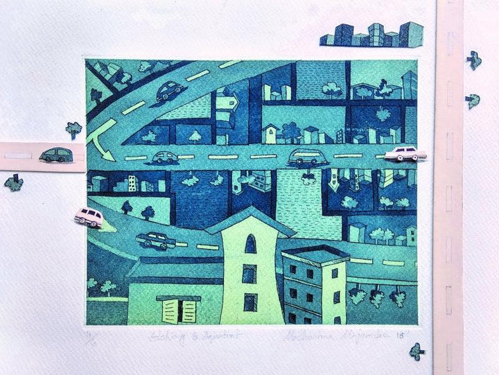 Cityscape printmaking titled 'Urban City 1', 12x11 inches, by artist Madhurima Majumder on Paper