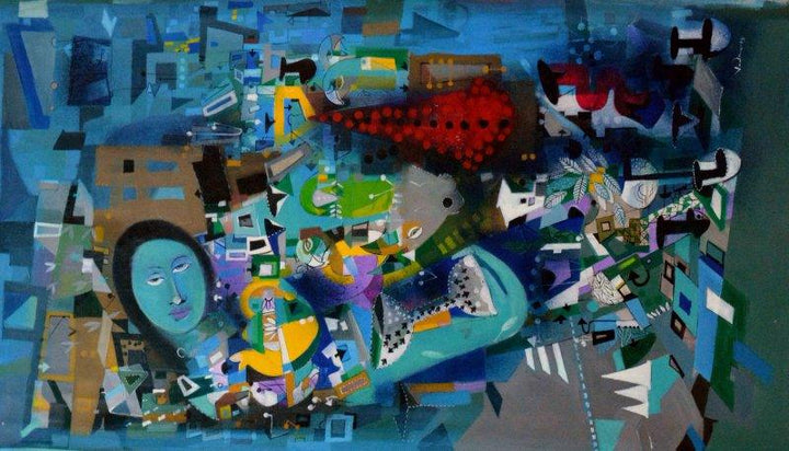 Abstract acrylic painting titled 'Urban Emotion 15', 32x54 inches, by artist Madan Lal on Canvas