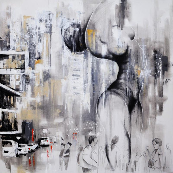 Abstract mixed media painting titled 'Urban Jungle 15', 48x48 inches, by artist Tejinder Ladi  Singh on Canvas