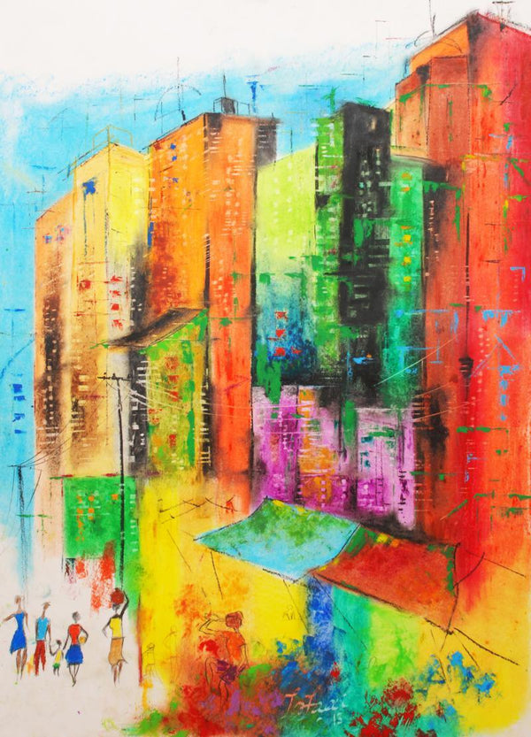 Abstract oil pastel painting titled 'Urban Jungle 5', 30x22 inches, by artist Tejinder Ladi  Singh on Paper