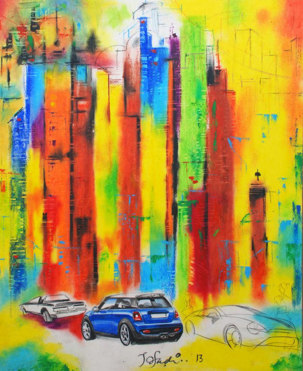 Cityscape mixed media painting titled 'Urban Jungle 6', 28x22 inches, by artist Tejinder Ladi  Singh on Paper
