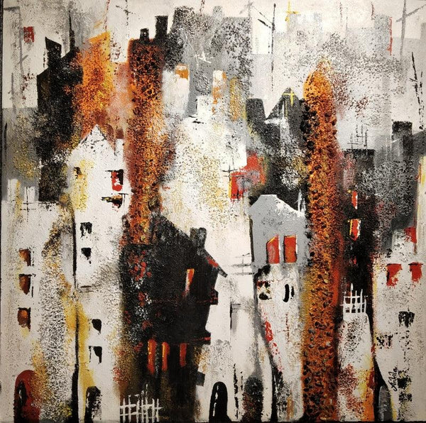 Abstract mixed media painting titled 'Urban Jungle', 36x36 inches, by artist Ankita Dey Bhoumik on Canvas