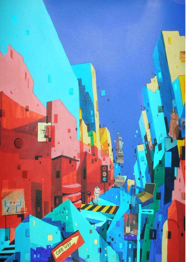 Fantasy mixed media painting titled 'Urban Landscape 3', 20x26 inches, by artist Abhijit Paul on Paper