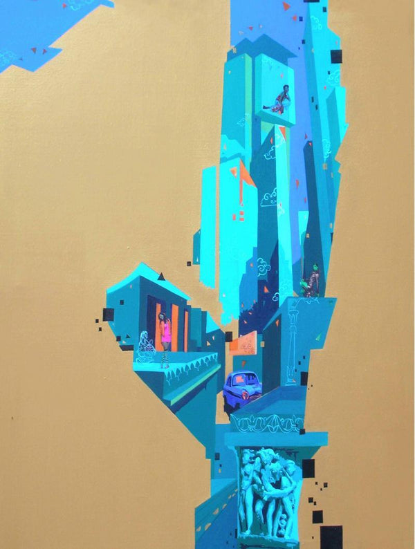 Fantasy mixed media painting titled 'Urban Landscape 4', 36x42 inches, by artist Abhijit Paul on Canvas