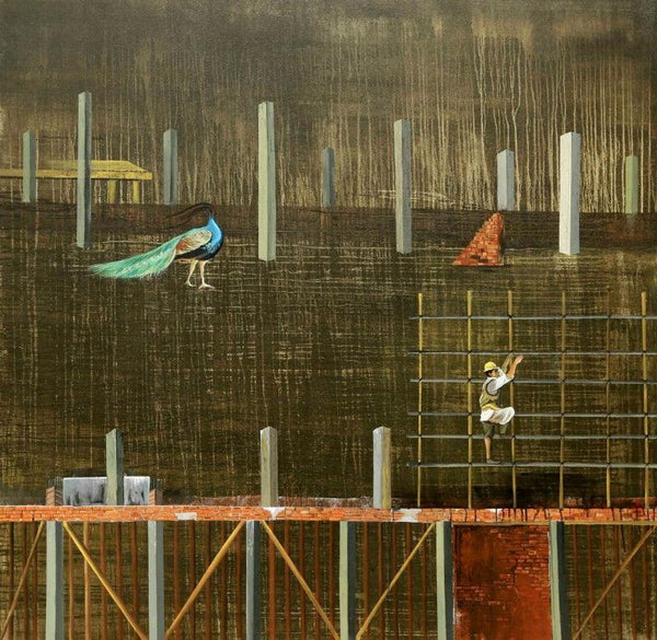 contemporary mixed media painting titled 'Urban Metaphor 1', 72x72 inches, by artist Ashish Kushwaha on Canvas