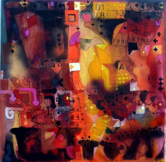 Abstract acrylic painting titled 'Urban Mirage I', 55x55 inches, by artist Madan Lal on Canvas