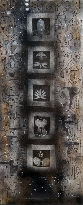 Abstract acrylic painting titled 'Urban Mythology 1', 24x60 inches, by artist Madan Lal on Canvas